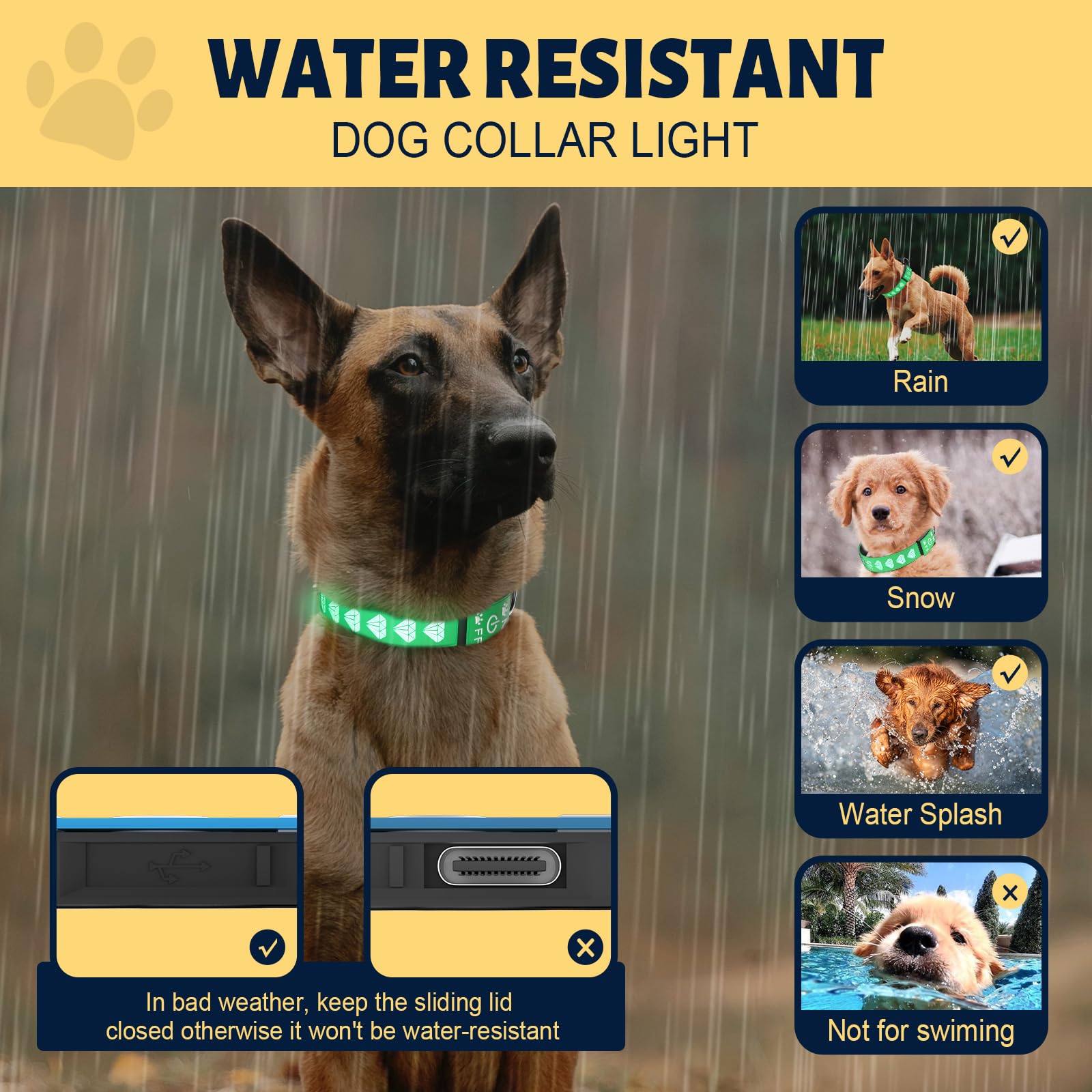 TOPOTO light up dog collar green waterproof closure protects lights during light rain.