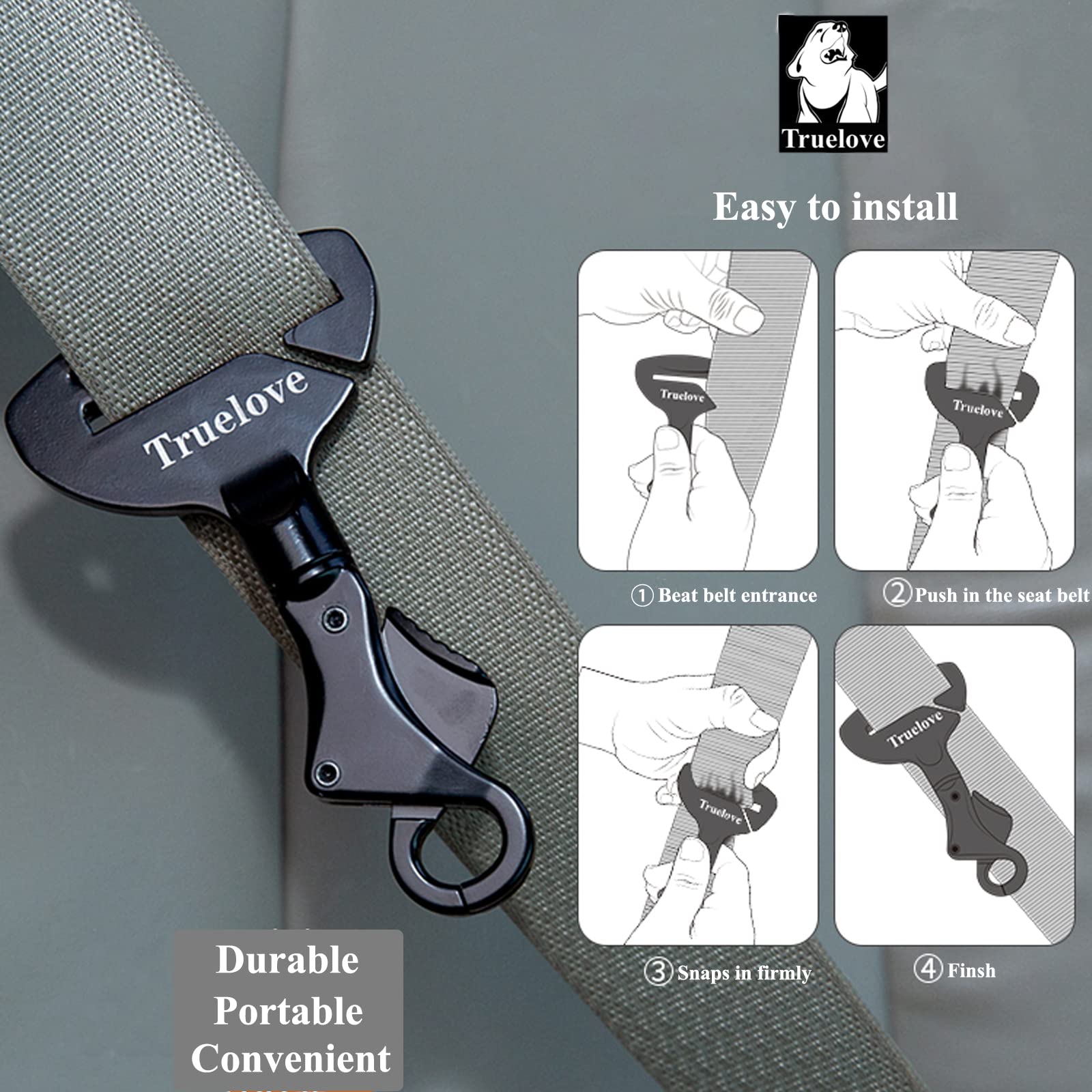 TOPSOSO Truelove dog seatbelt harness clip attaches quickly to a harness.
