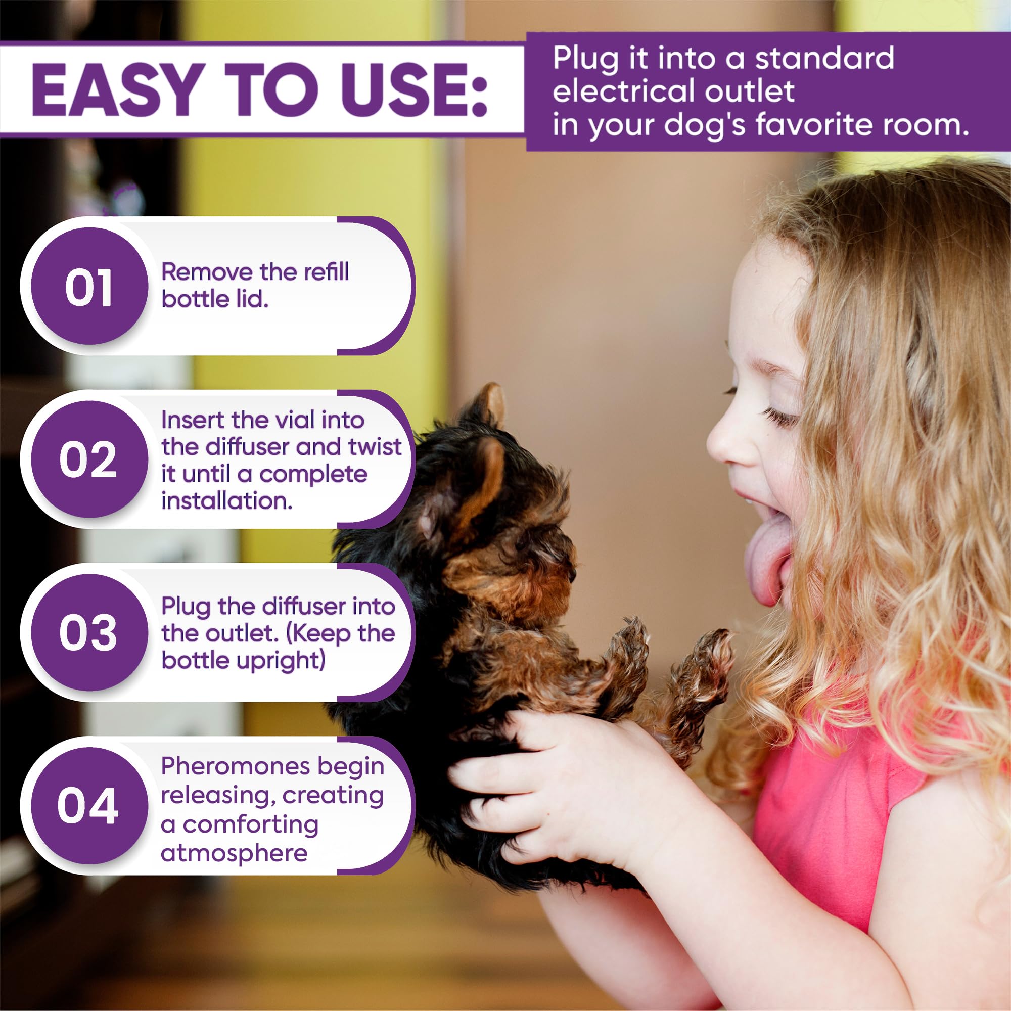 TopSum dog calming diffuser refills 6-pack purple close-up showing label for easy refills