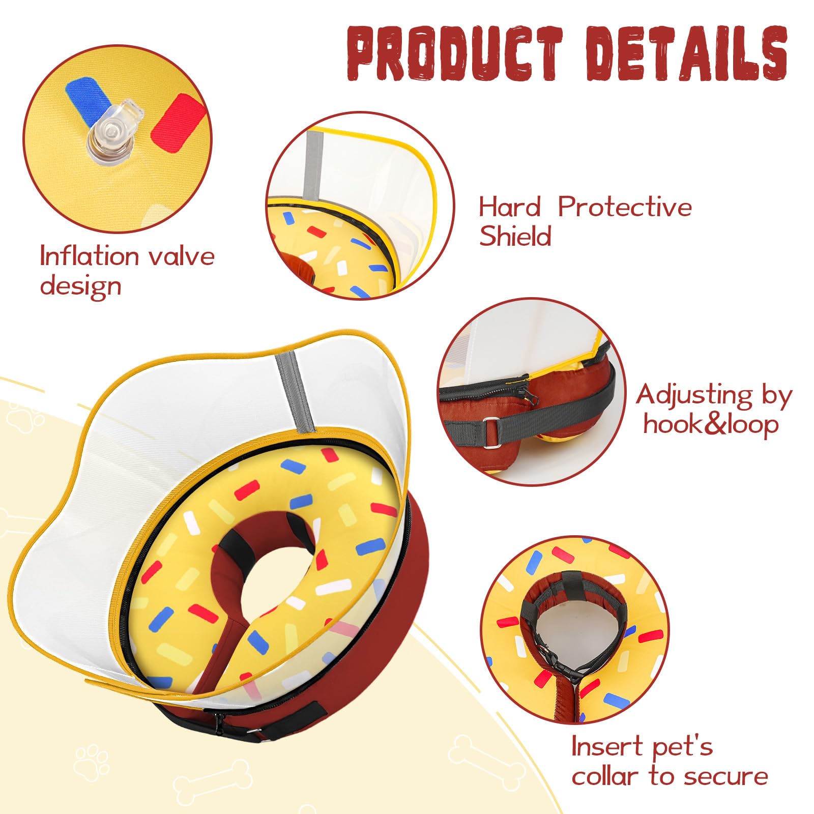 Toptakeit donut collar breed-inclusive-design communicates broad fit while noting exceptions for long-nosed dogs.