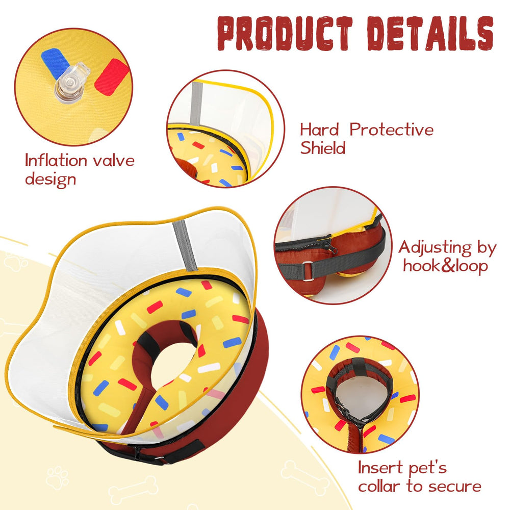 Toptakeit donut collar breed-inclusive-design communicates broad fit while noting exceptions for long-nosed dogs.