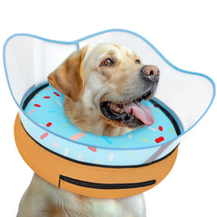 Toptakeit elevated inflatable donut collar on a dog for safer post-surgery mobility.
