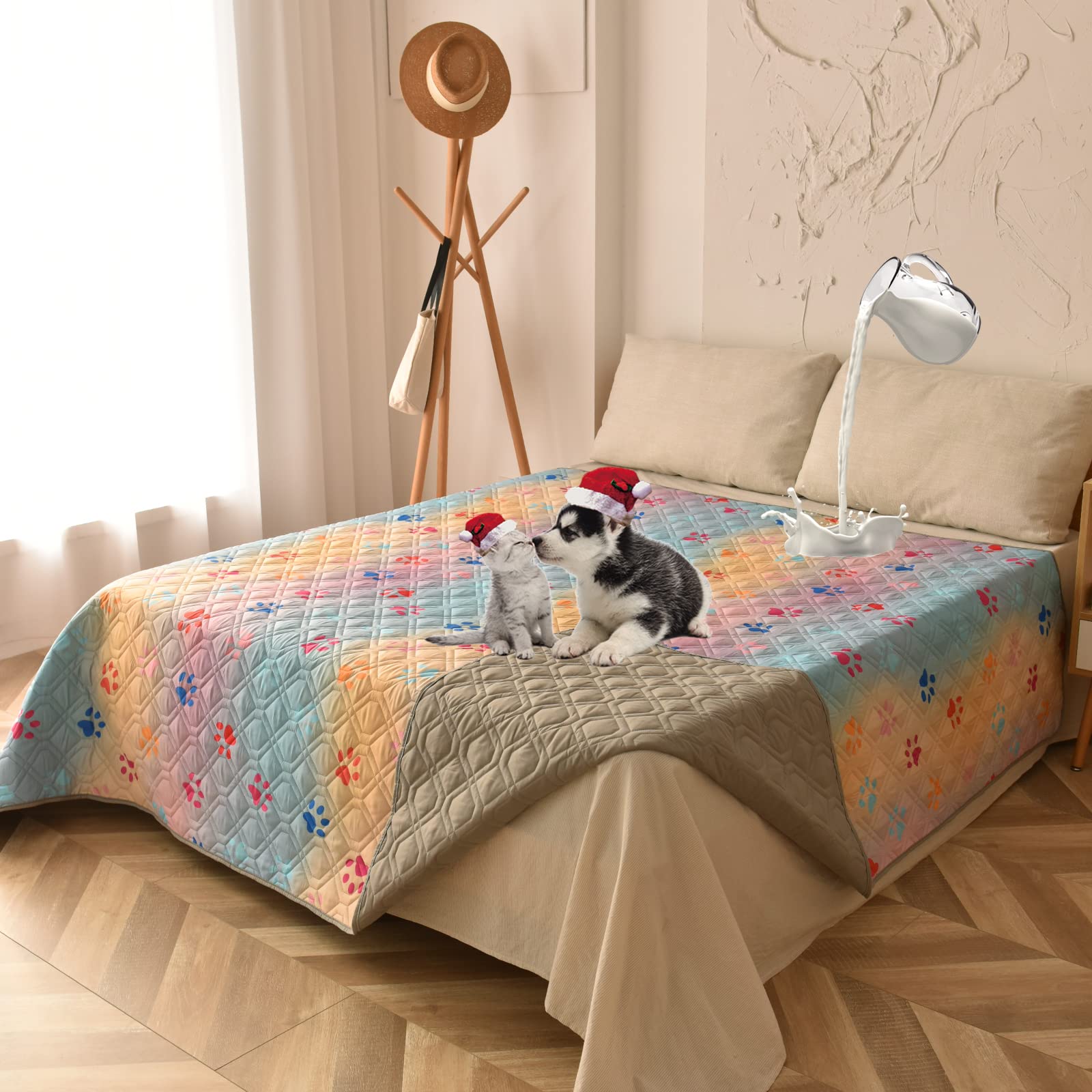Topthumbs dog bed cover waterproof 68x82 gray-rainbow protects beds from spills.