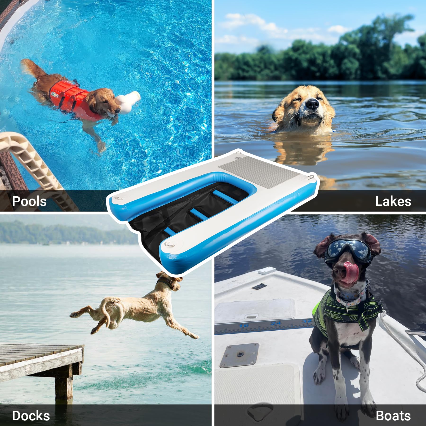 Toriexon blue ramp enhances visibility during water play and docking.