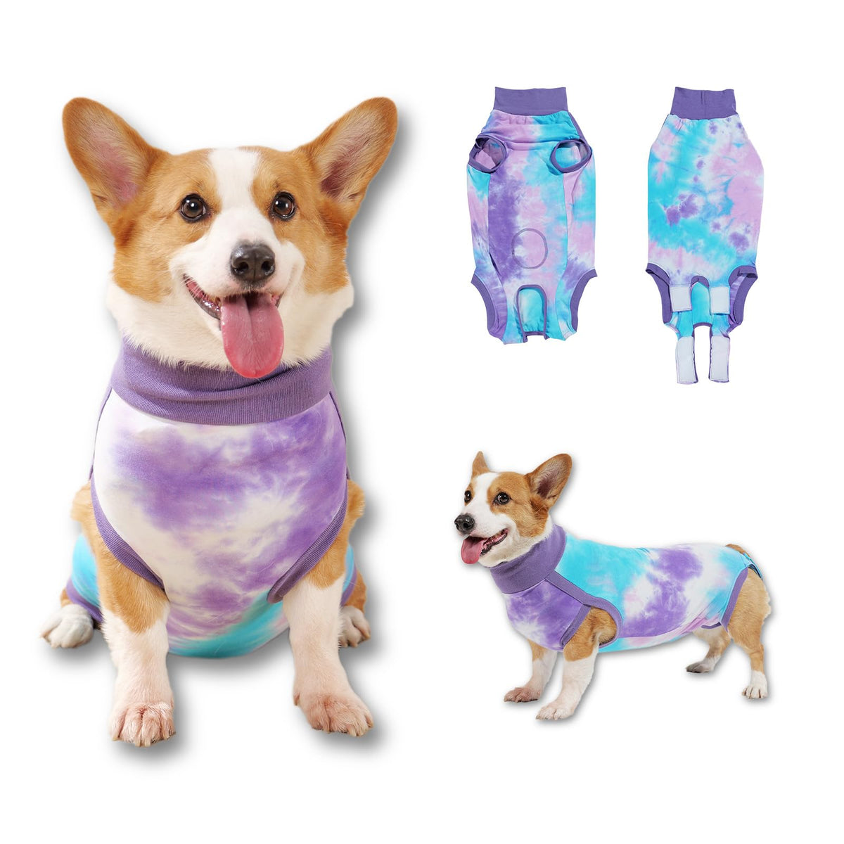 TORJOY breathable dog recovery suit with tie-dye pink-purple design for post-surgery comfort.