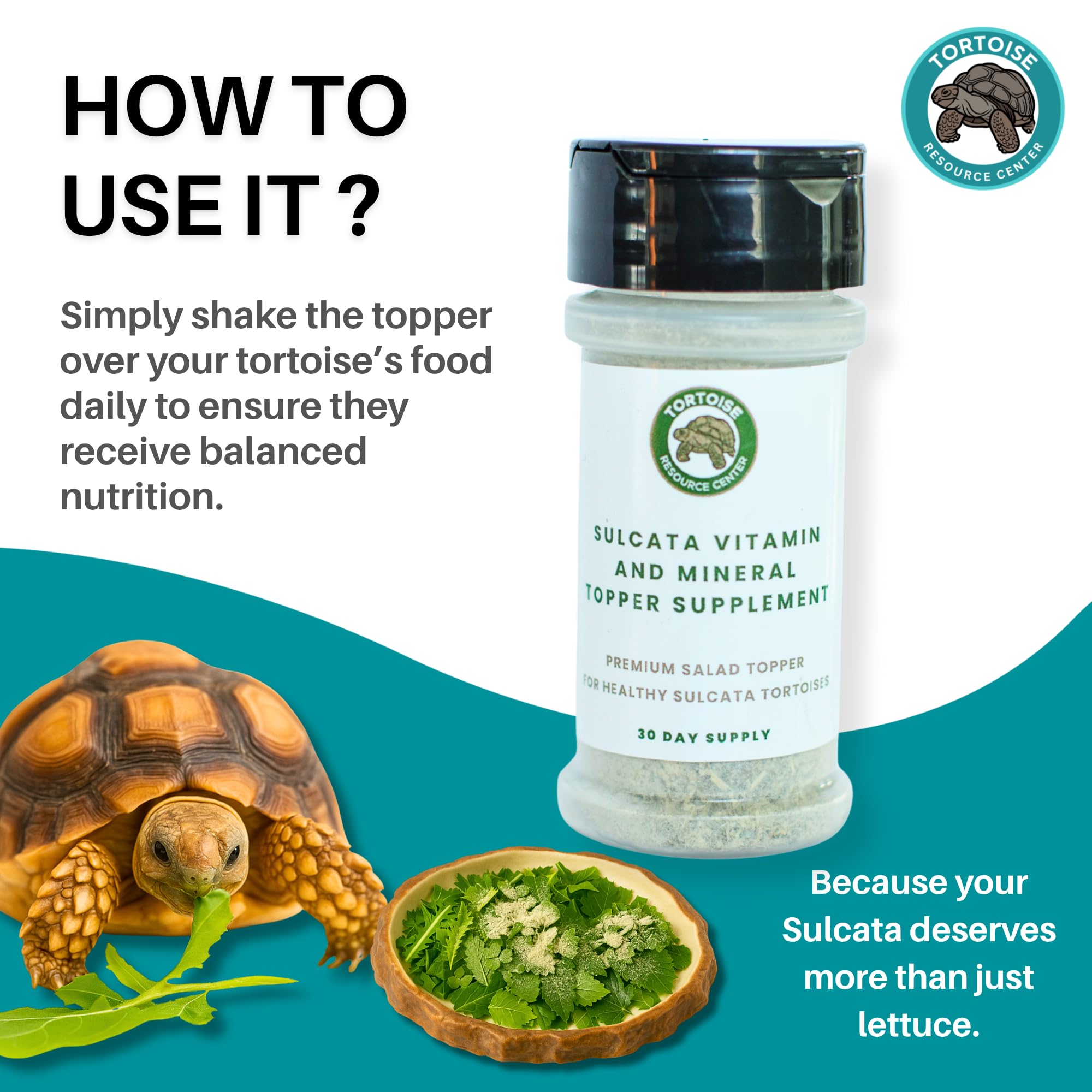 Tortoise Resource Center shaker-front view highlighting convenient 30-day supply.
