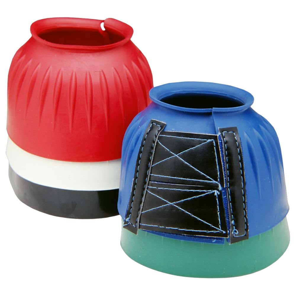 Tough 1 heavy duty ribbed bell boots blue with quick grip fasteners for secure hoof protection.