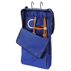 Tough 1 bridle/halter with 3-prong rack in royal blue offers organized gear storage