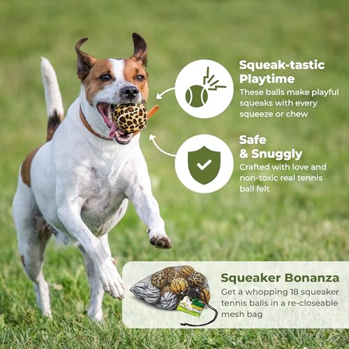 Tourna dog fetch squeaker-ball closeup shows durable felt for long-lasting play.