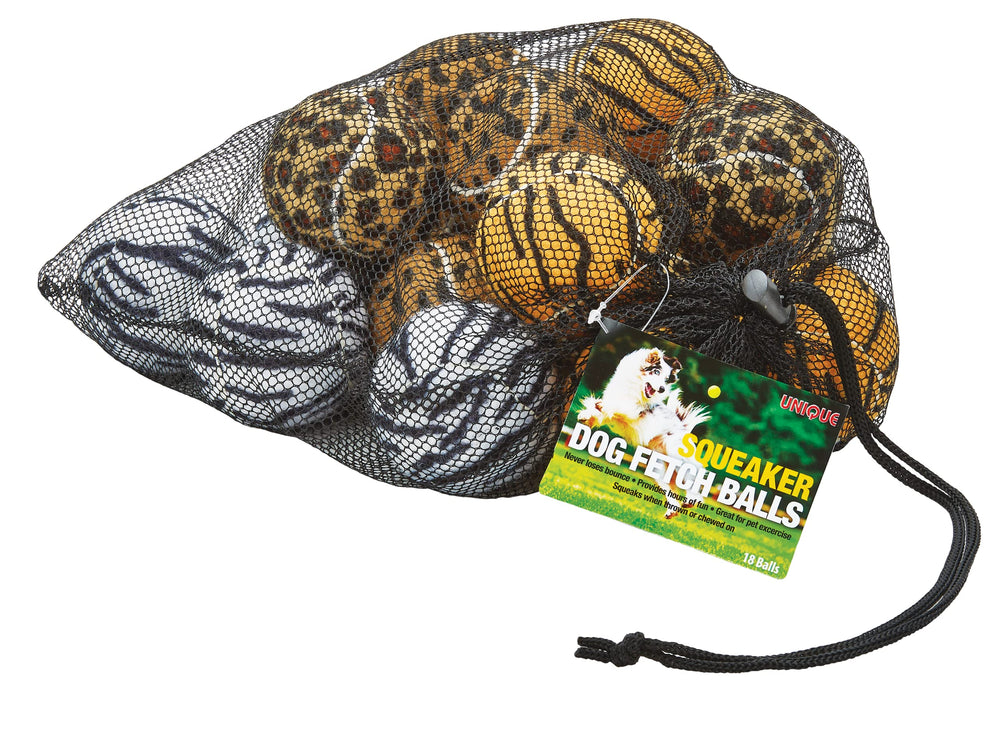 Tourna unique-sports dog fetch squeaker ball animal-prints 18-pack in action boosts interactive play.