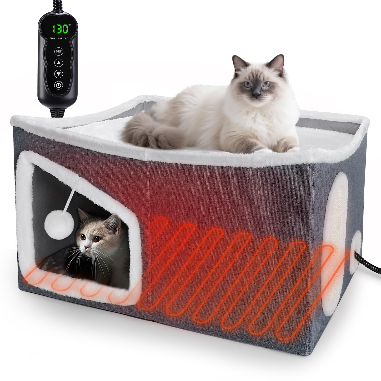 Tovve heated cat house exterior view shows cozy shelter for cold days.