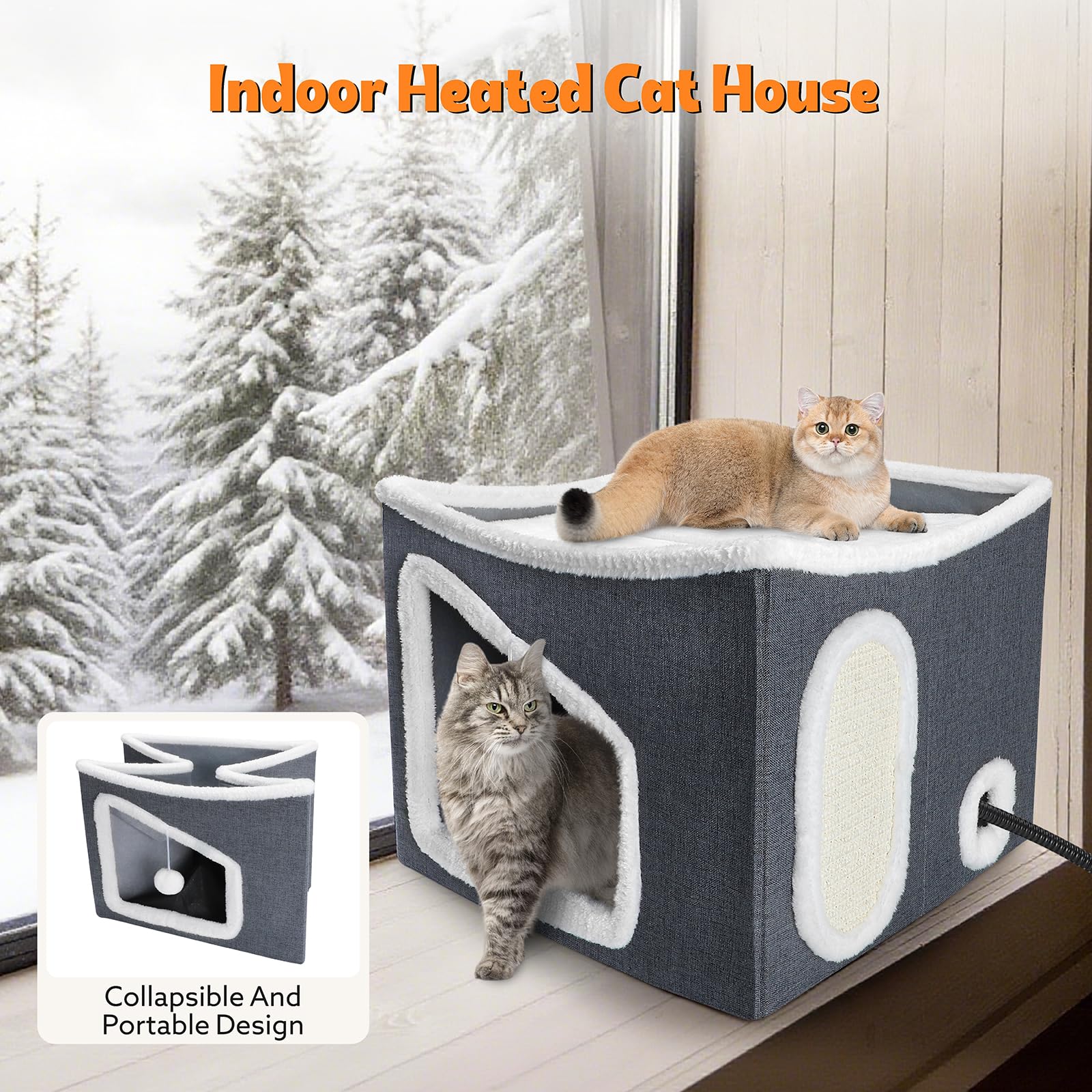 Tovve heated cat house scratch pad area indicating built-in claws activity