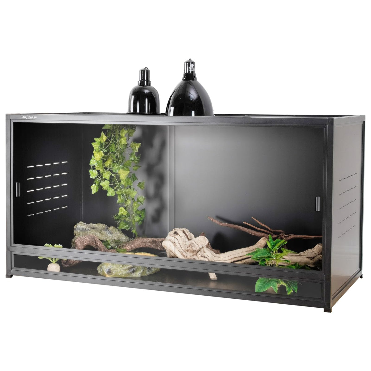 ToxiRium 120-gallon terrarium front door closeup for secure feeding and observation.