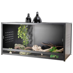 ToxiRium 120-gallon terrarium front door closeup for secure feeding and observation.