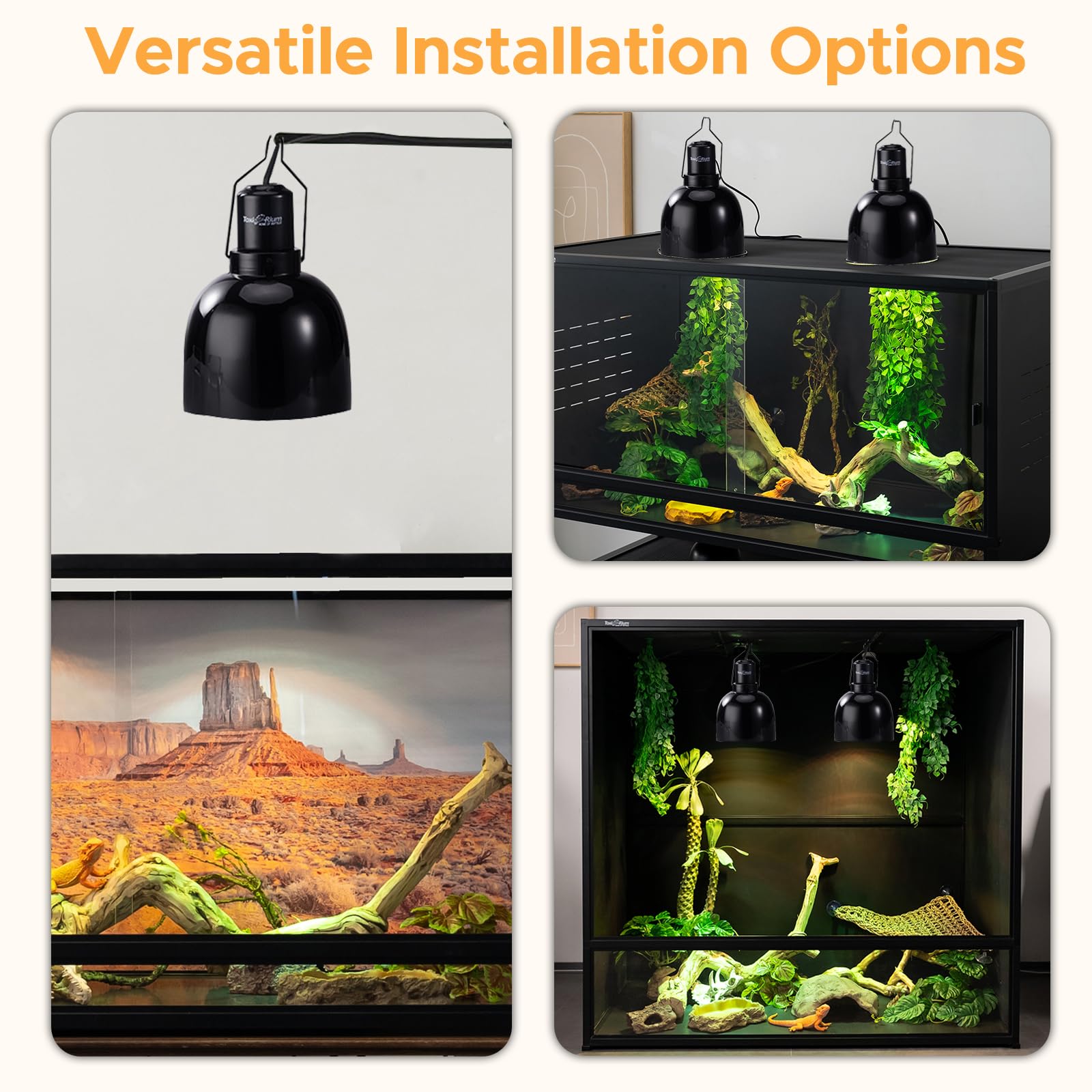 ToxiRium Reptile Light Fixture 2-Pack heat-dome-vent-holes keeps bulbs cool and safe.