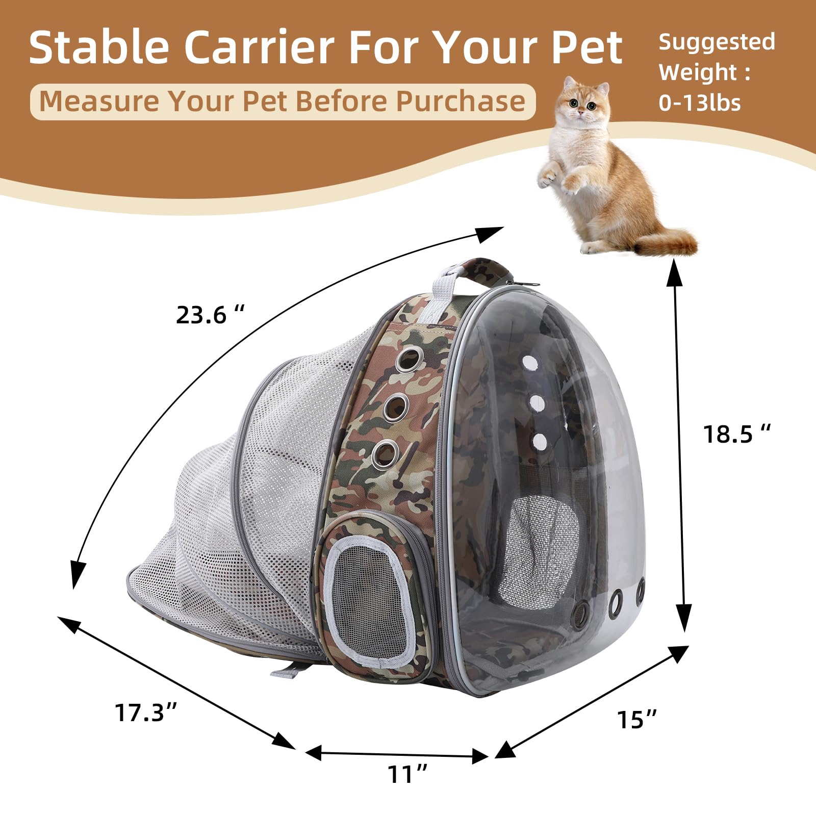 TOYSINTHEBOX Cat Backpack Carrier back-expandable camo side view shows spacious interior