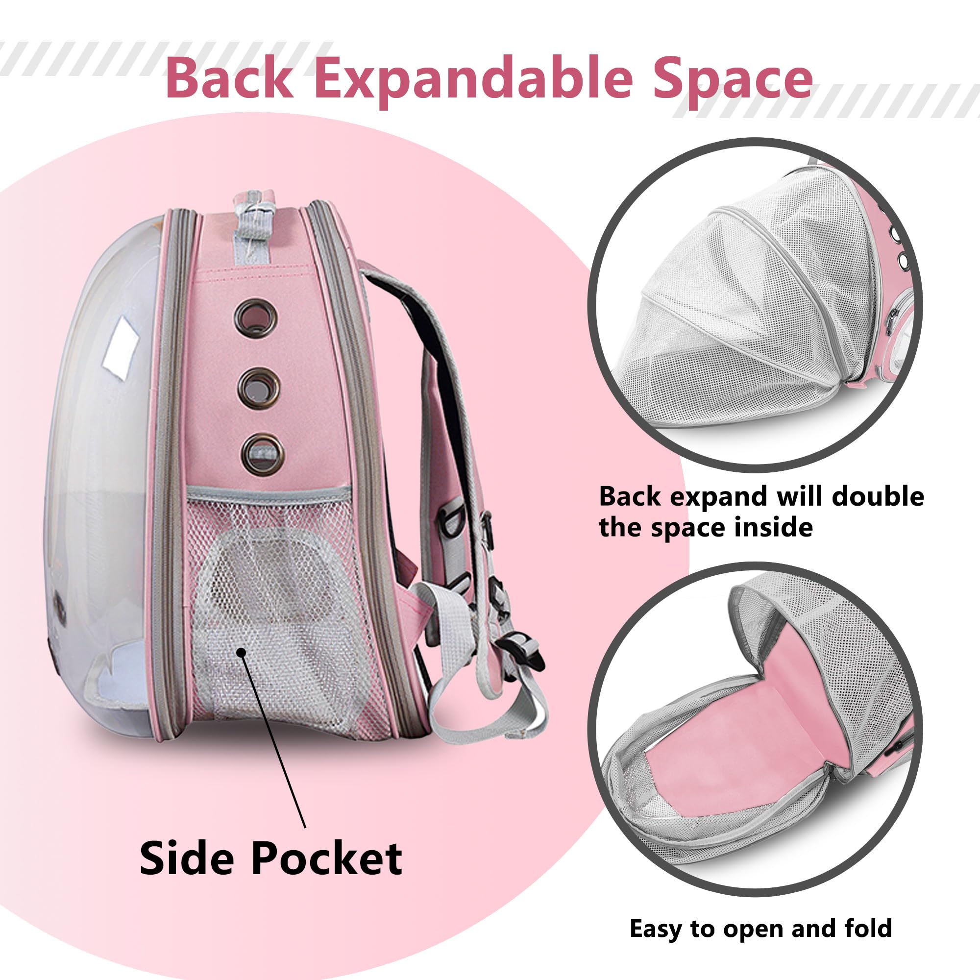 TOYSINTHEBOX cat backpack expandable pink side view with vents