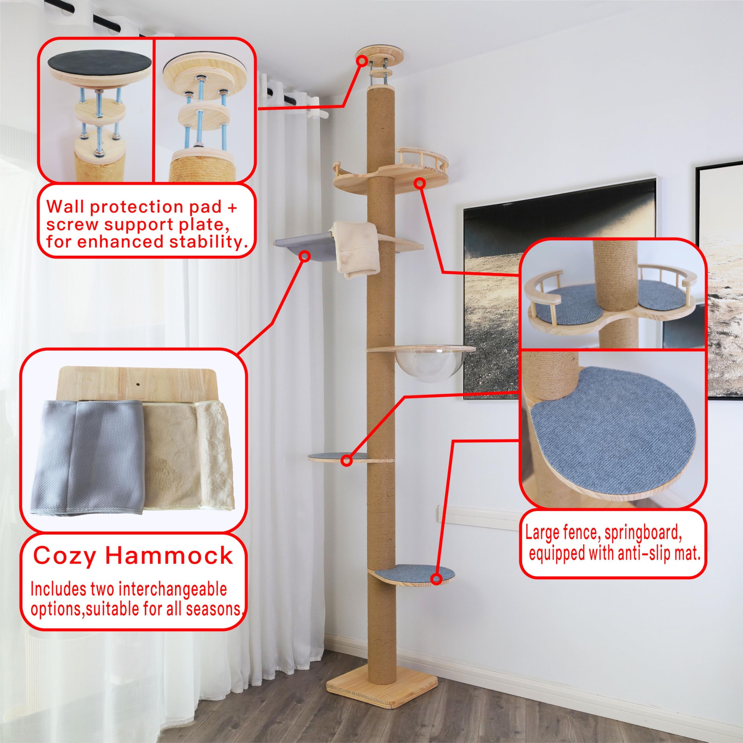 TQEW floor-to-ceiling cat tree height adjustment enables tall-ceiling fit.