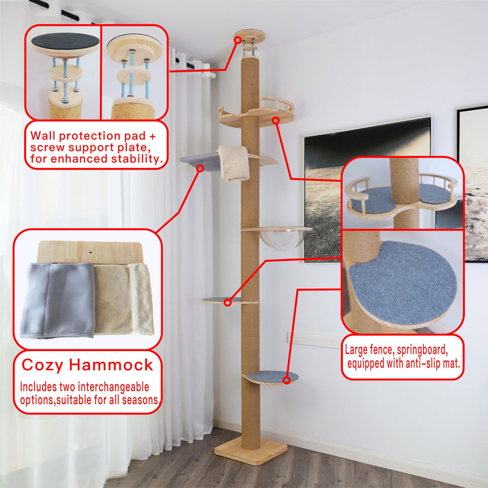 TQEW floor-to-ceiling cat tree height adjustment enables tall-ceiling fit.
