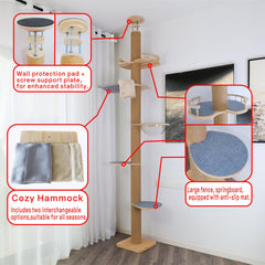 TQEW floor-to-ceiling cat tree height adjustment enables tall-ceiling fit.