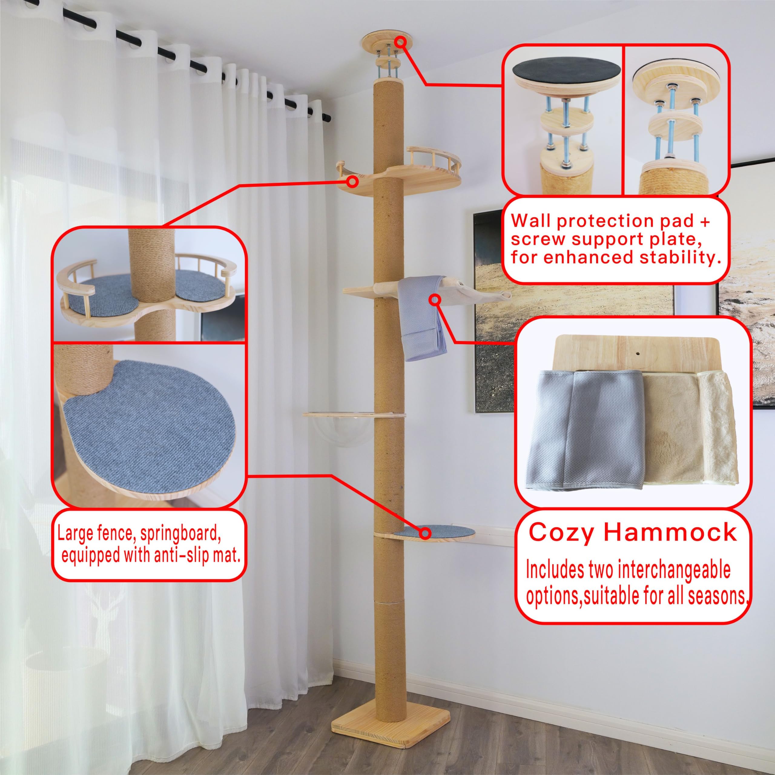 TQEW floor-to-ceiling cat tree top support rods show height-adjustable stability against tall ceilings