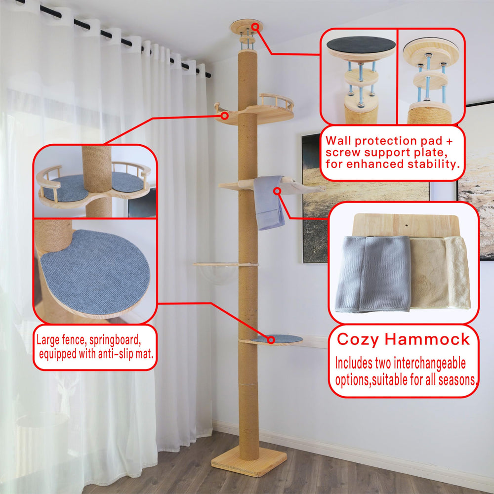 TQEW floor-to-ceiling cat tree top support rods show height-adjustable stability against tall ceilings