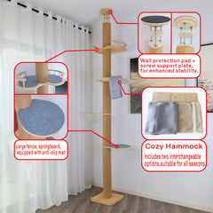 TQEW floor-to-ceiling cat tree top support rods show height-adjustable stability against tall ceilings