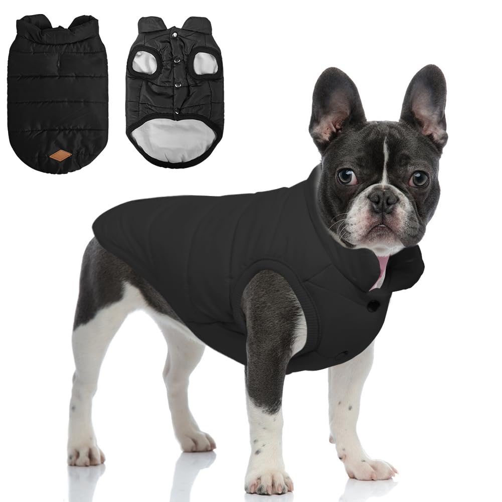 TQFlow warm dog coat front view showing snug fit for cold-weather walks