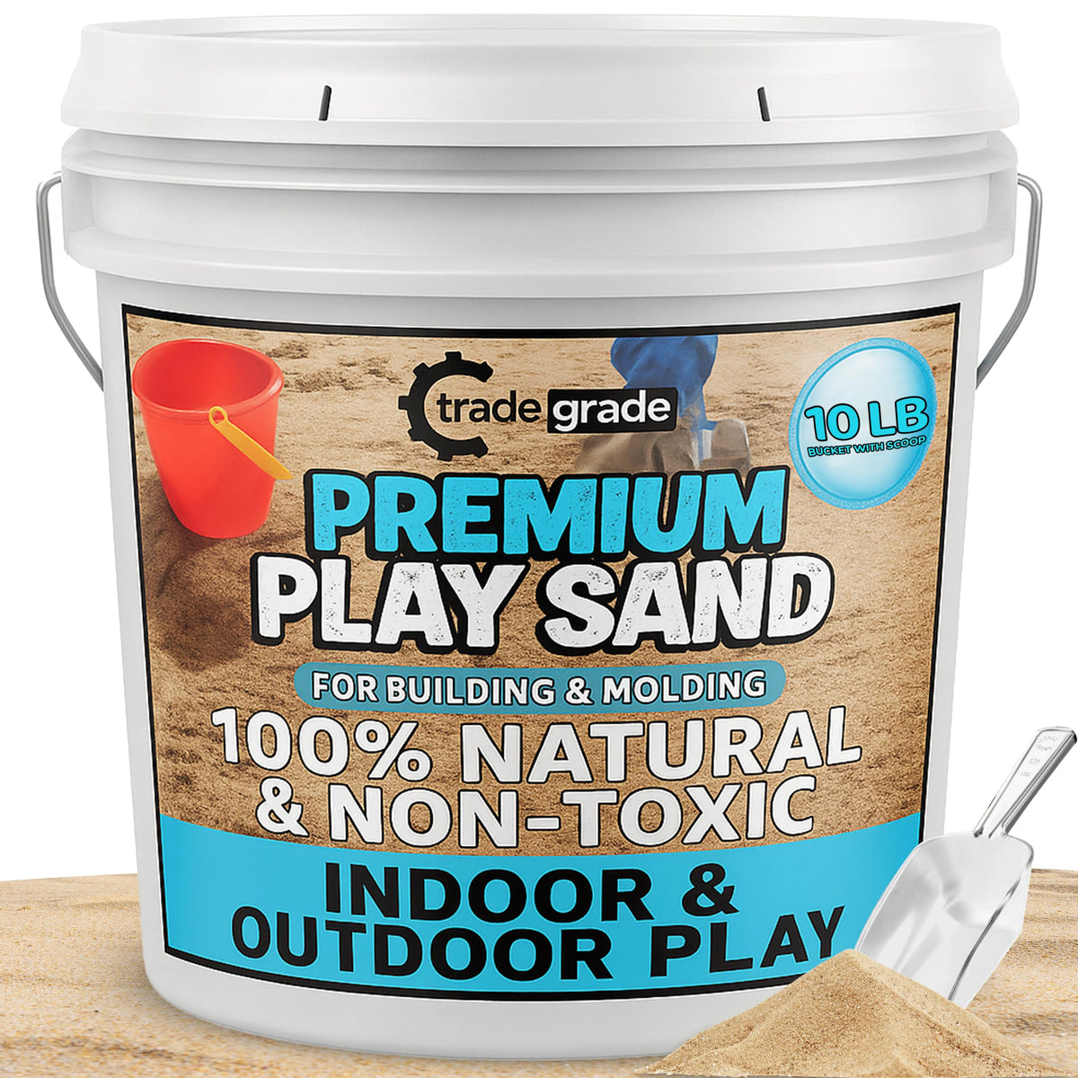 Trade Grade Play Sand bulk bucket close-up reveals natural texture ideal for sensory play.