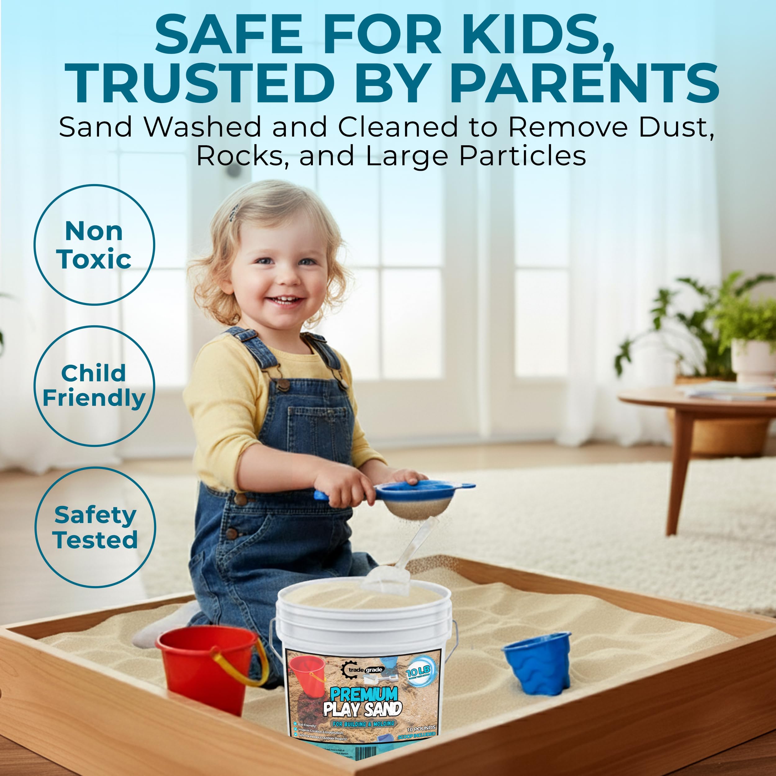 Trade Grade Play Sand damp castle-building scene demonstrates moldable texture.