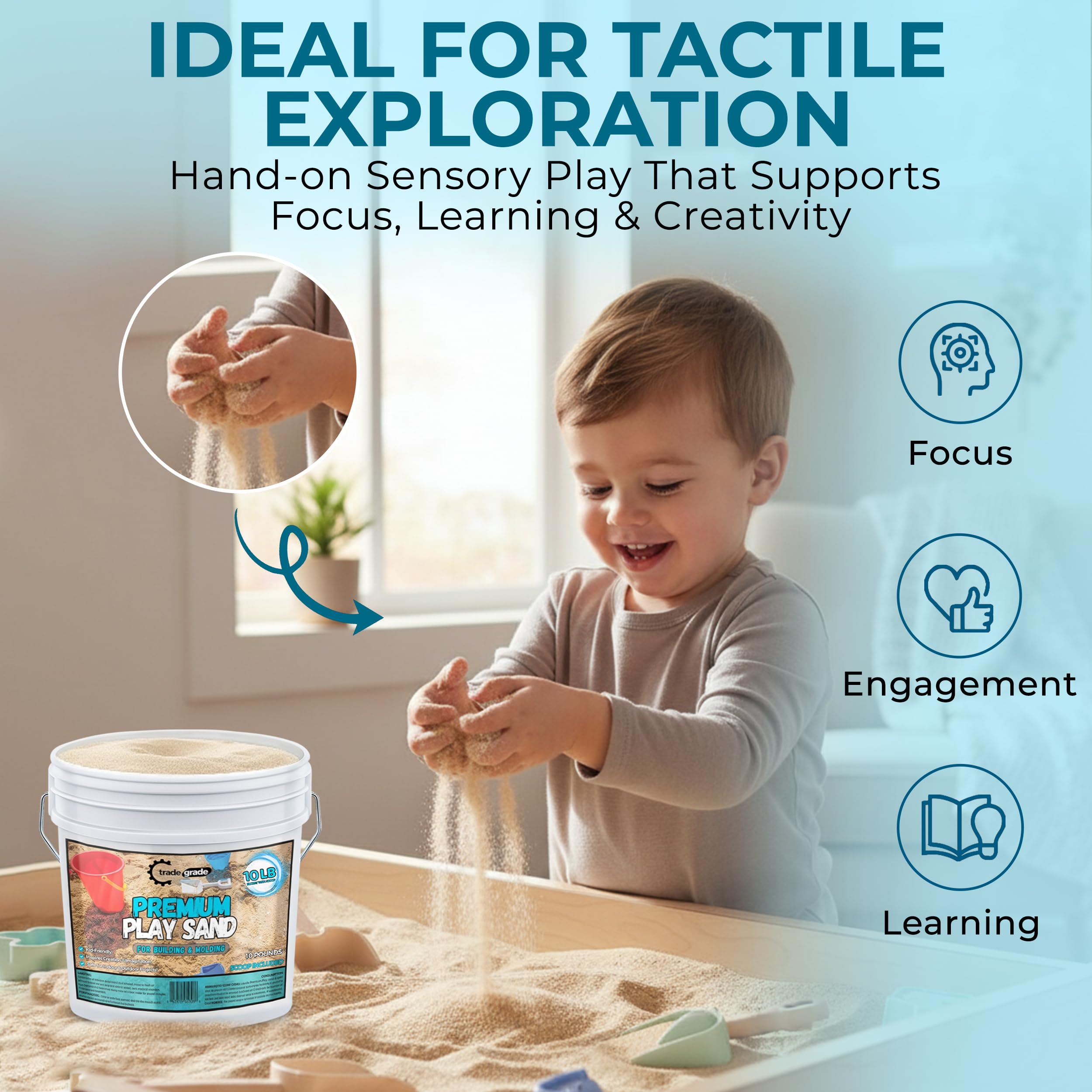 Trade Grade Play Sand neat pile highlights mess-free cleanup for indoor or outdoor play.