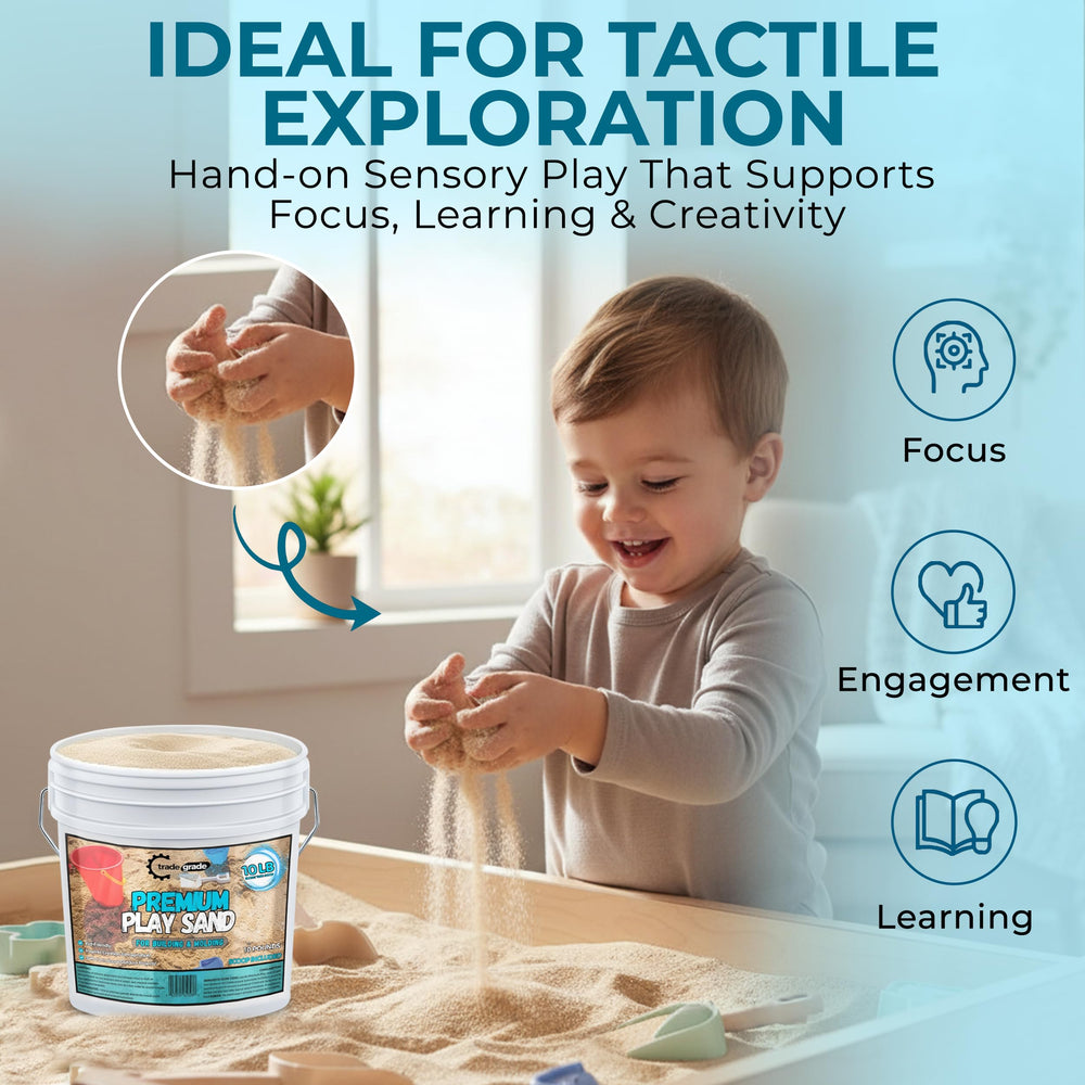 Trade Grade Play Sand neat pile highlights mess-free cleanup for indoor or outdoor play.