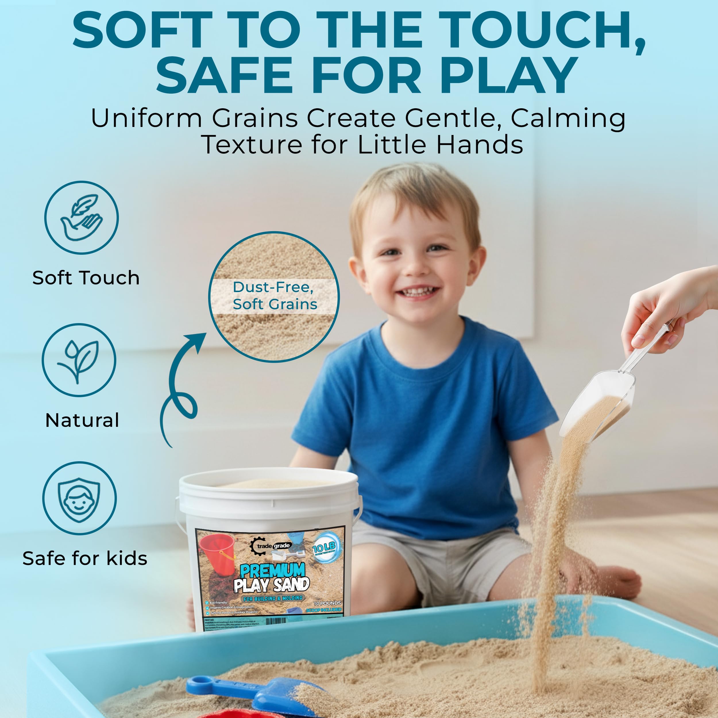 Trade Grade Play Sand kid-safe and non-toxic composition supporting safe play.