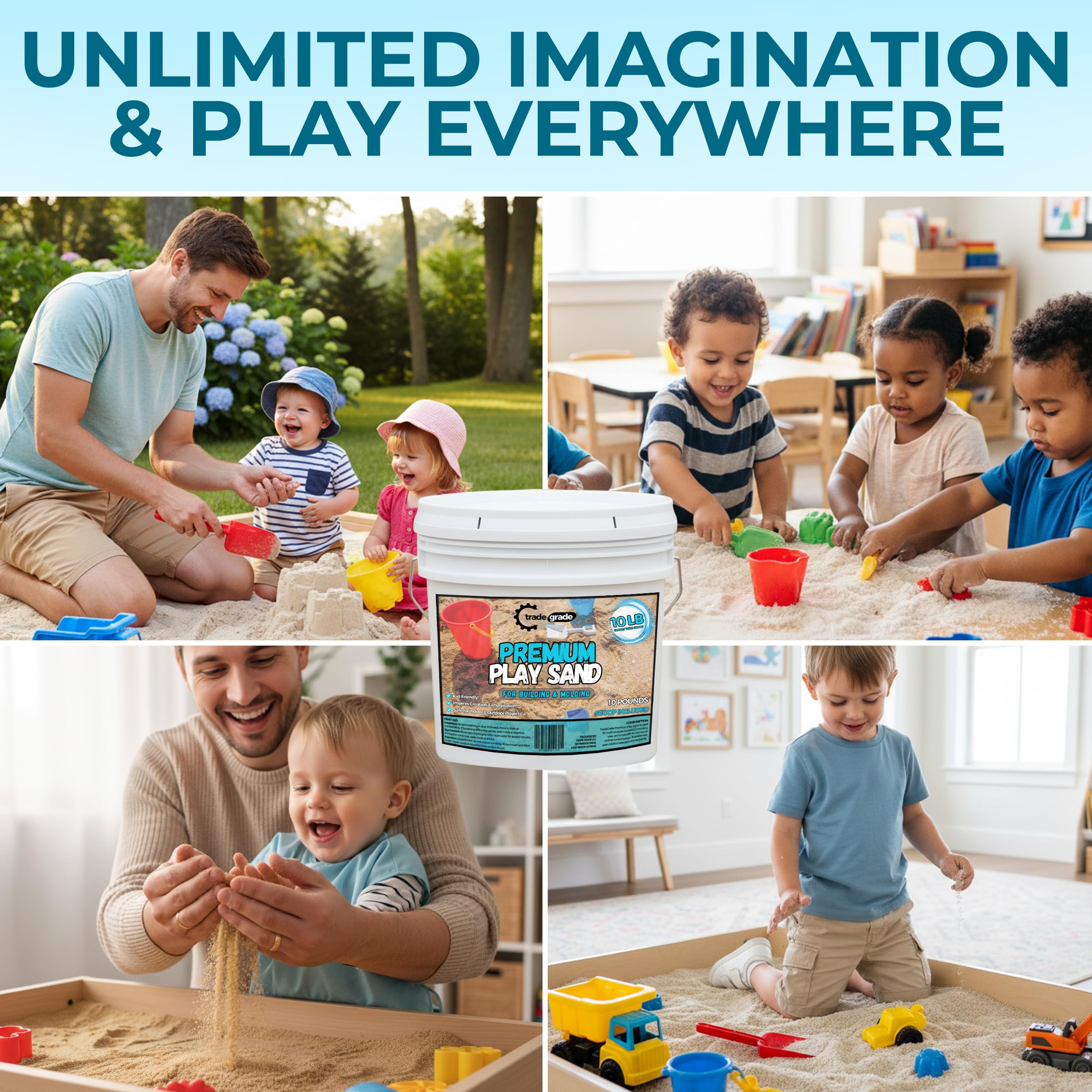 Trade Grade Play Sand outdoors in a backyard setup showing versatile outdoor play.