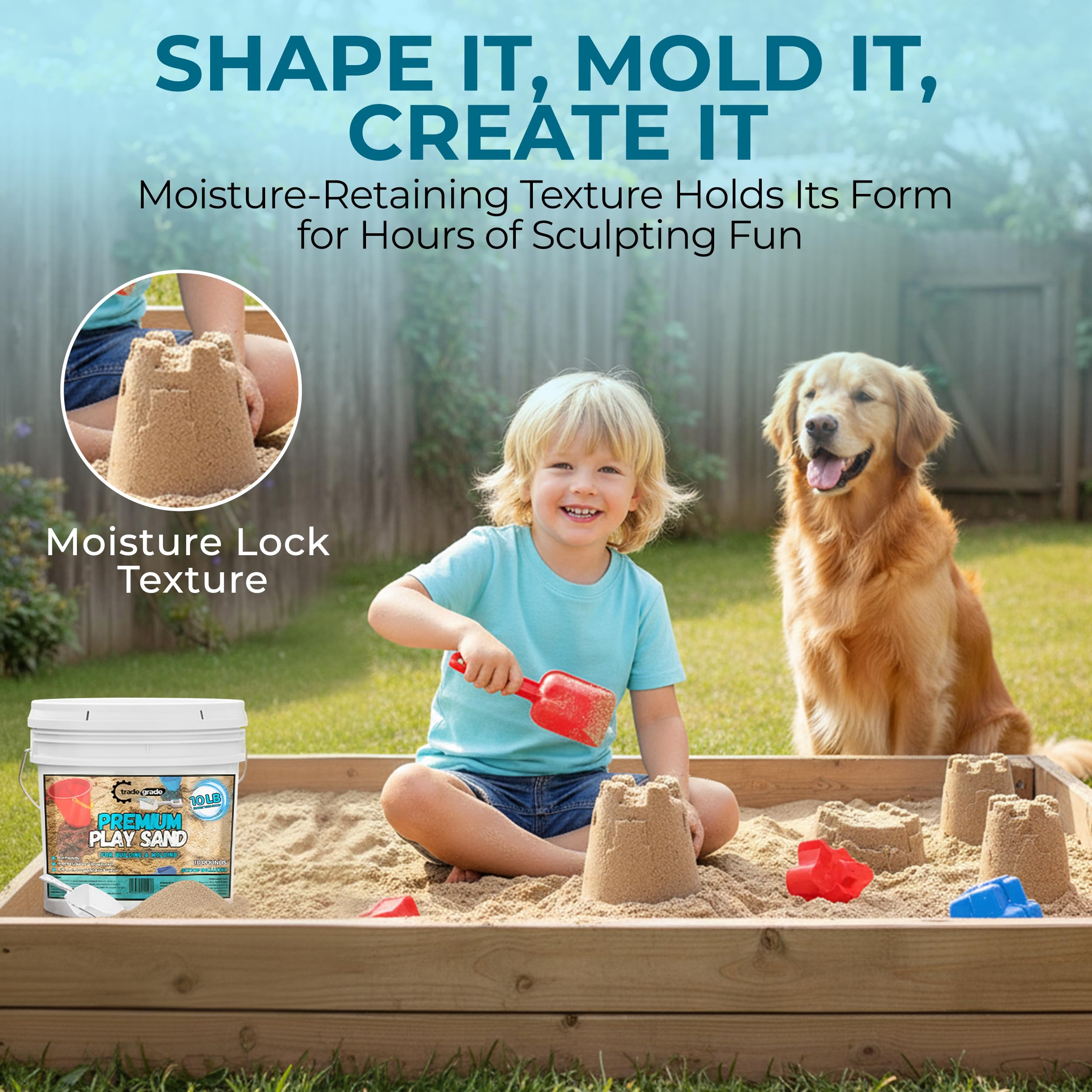 Trade Grade Play Sand sandbox-ready scene shows outdoor use and easy-fill fun.