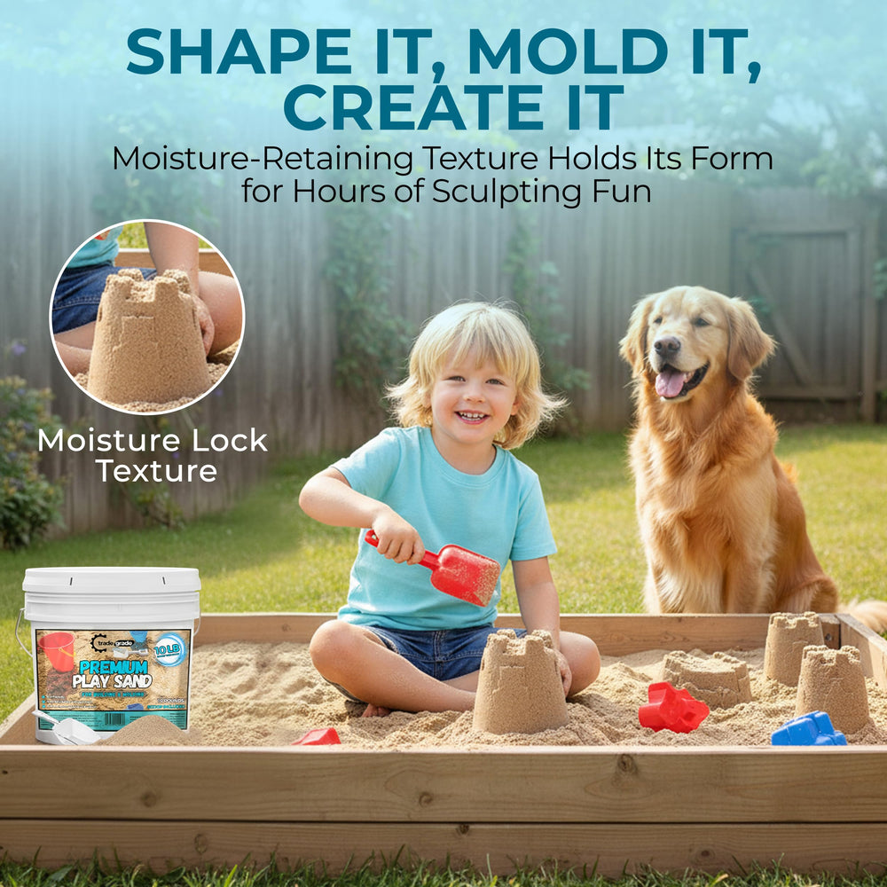 Trade Grade Play Sand sandbox-ready scene shows outdoor use and easy-fill fun.