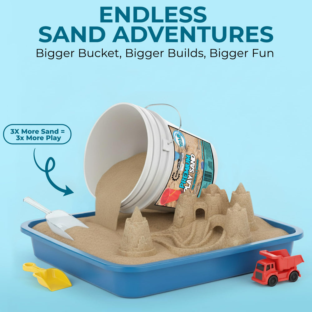 Trade Grade Play Sand table-top setup highlights tactile sensory exploration and learning.