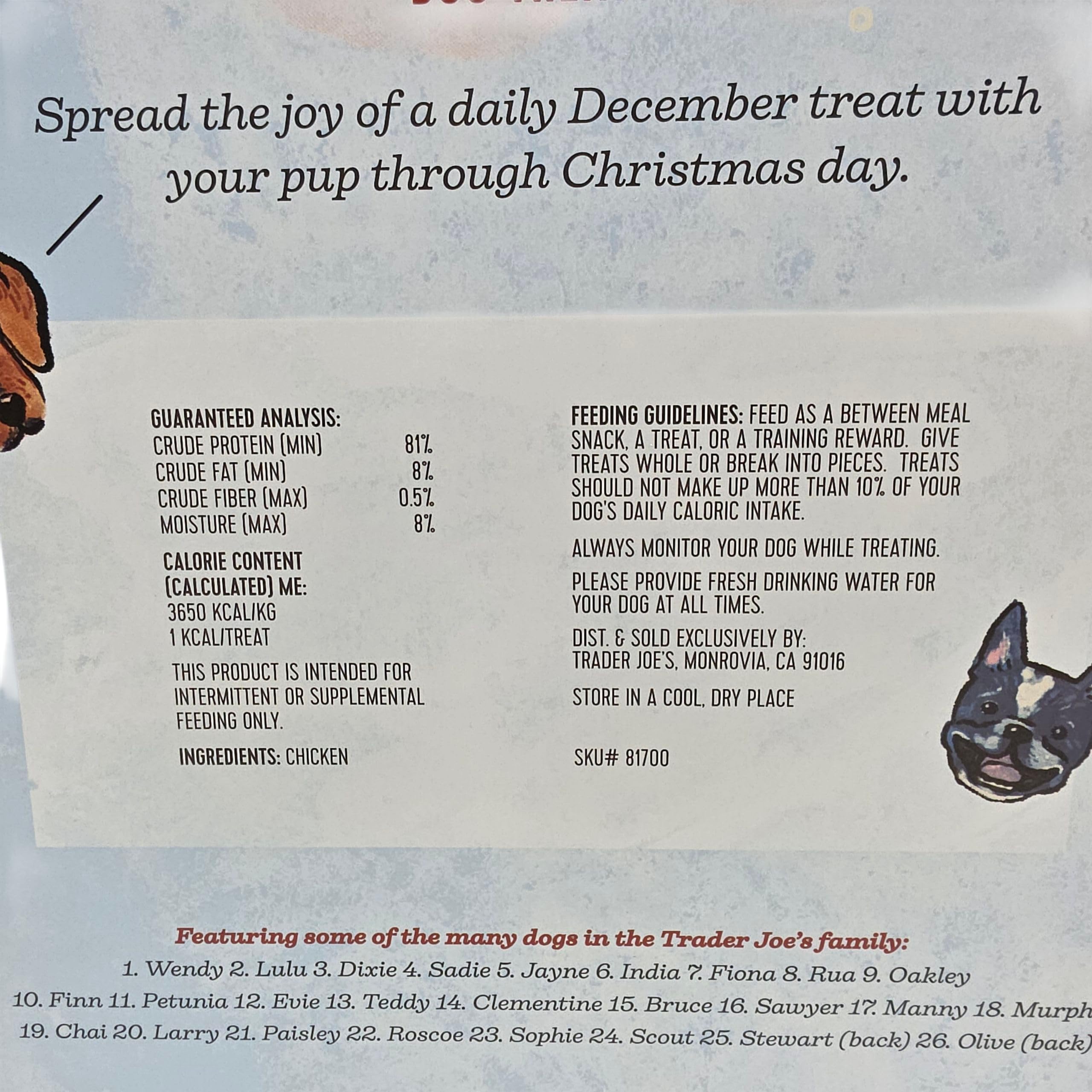Trader Joe's A 24-treat pack showing aromas and texture dogs love during holiday countdown.
