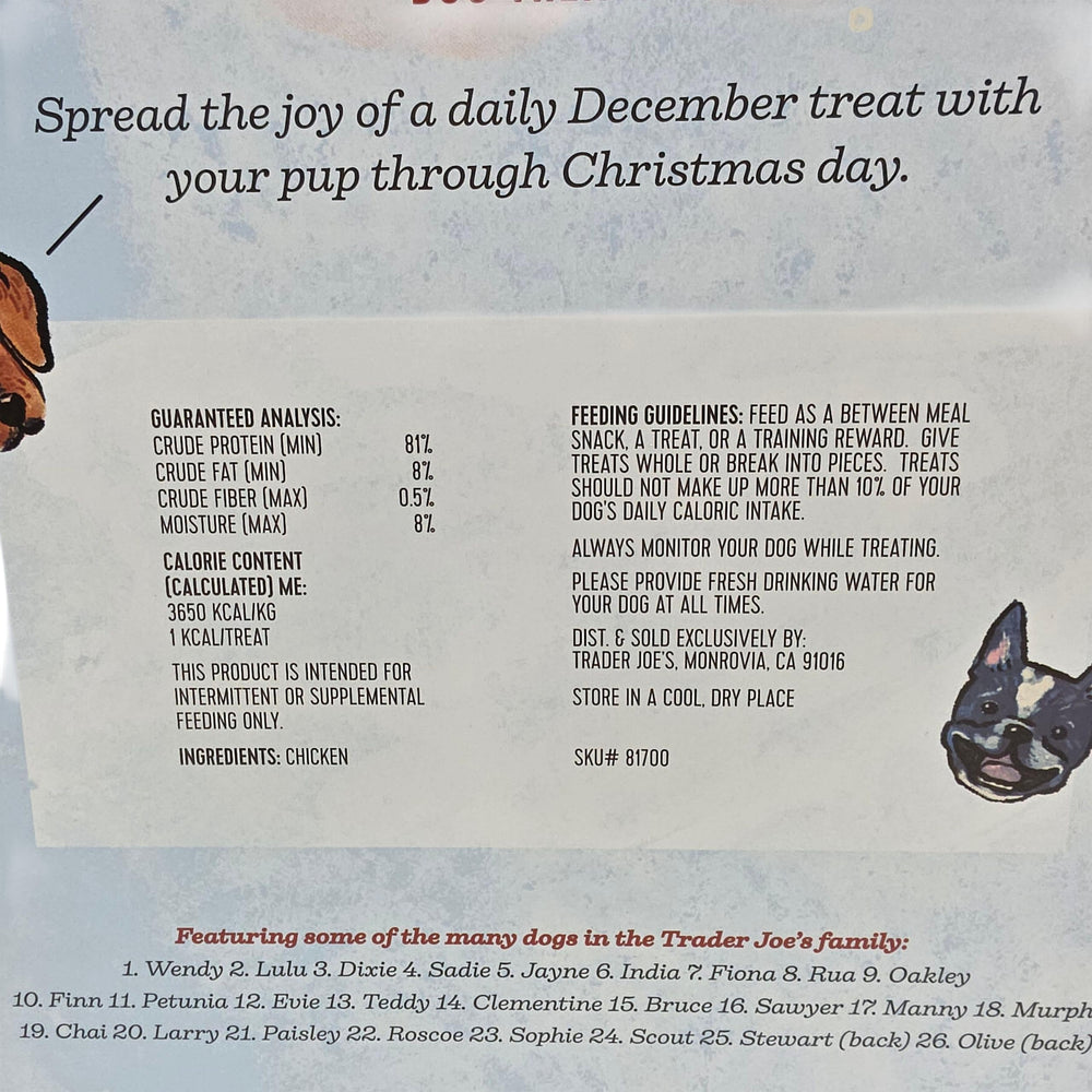 Trader Joe's A 24-treat pack showing aromas and texture dogs love during holiday countdown.