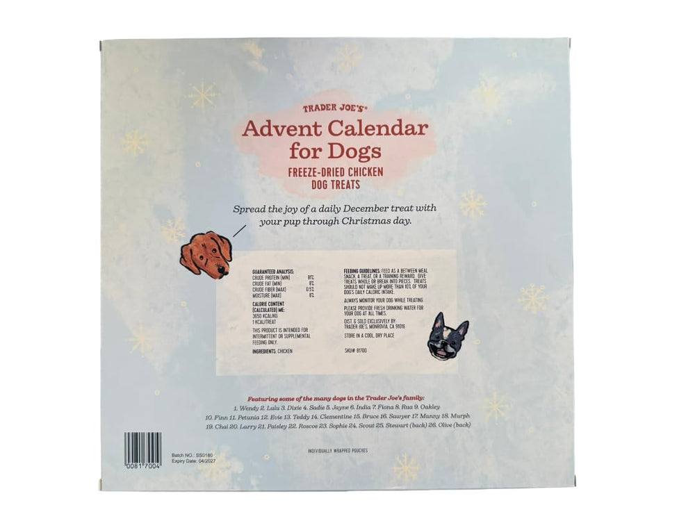 Trader Joe's Advent Calendar for Dogs doors reveal 24 treats, inviting a daily bonding moment.
