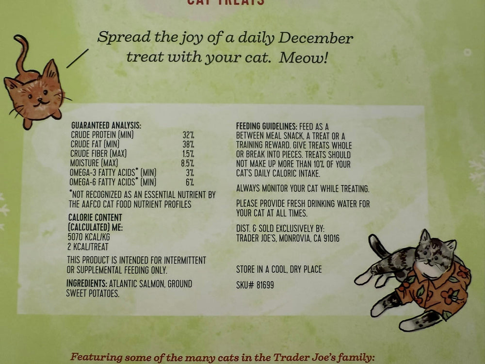 Trader Joe's Cat Advent Calendar cat sniffing calendar doors suggests daily surprise and interactive feeding ritual.