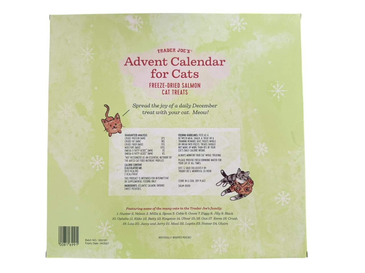 Trader Joe's Cat Advent Calendar dried treats close-up highlights crunchy, savory rewards for healthy play.