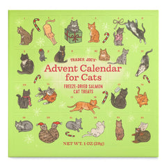 Trader Joe's Cat Advent Calendar front view shows salmon treats for feline indulgence and anticipation.
