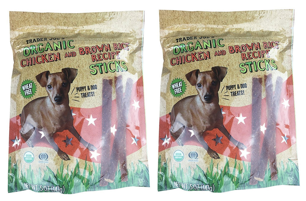 Trader Joe's Organic Chicken Brown Rice Sticks two-pack bag for on-the-go dog snacking