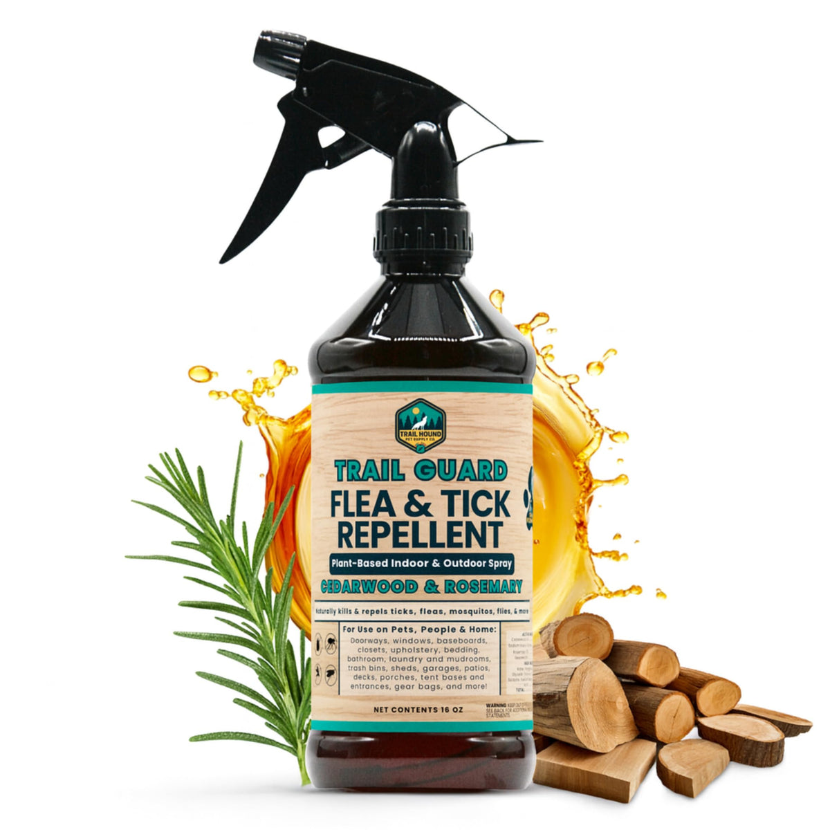 Trail Guard spray bottle demonstrates easy outdoor pest protection for dogs and people.