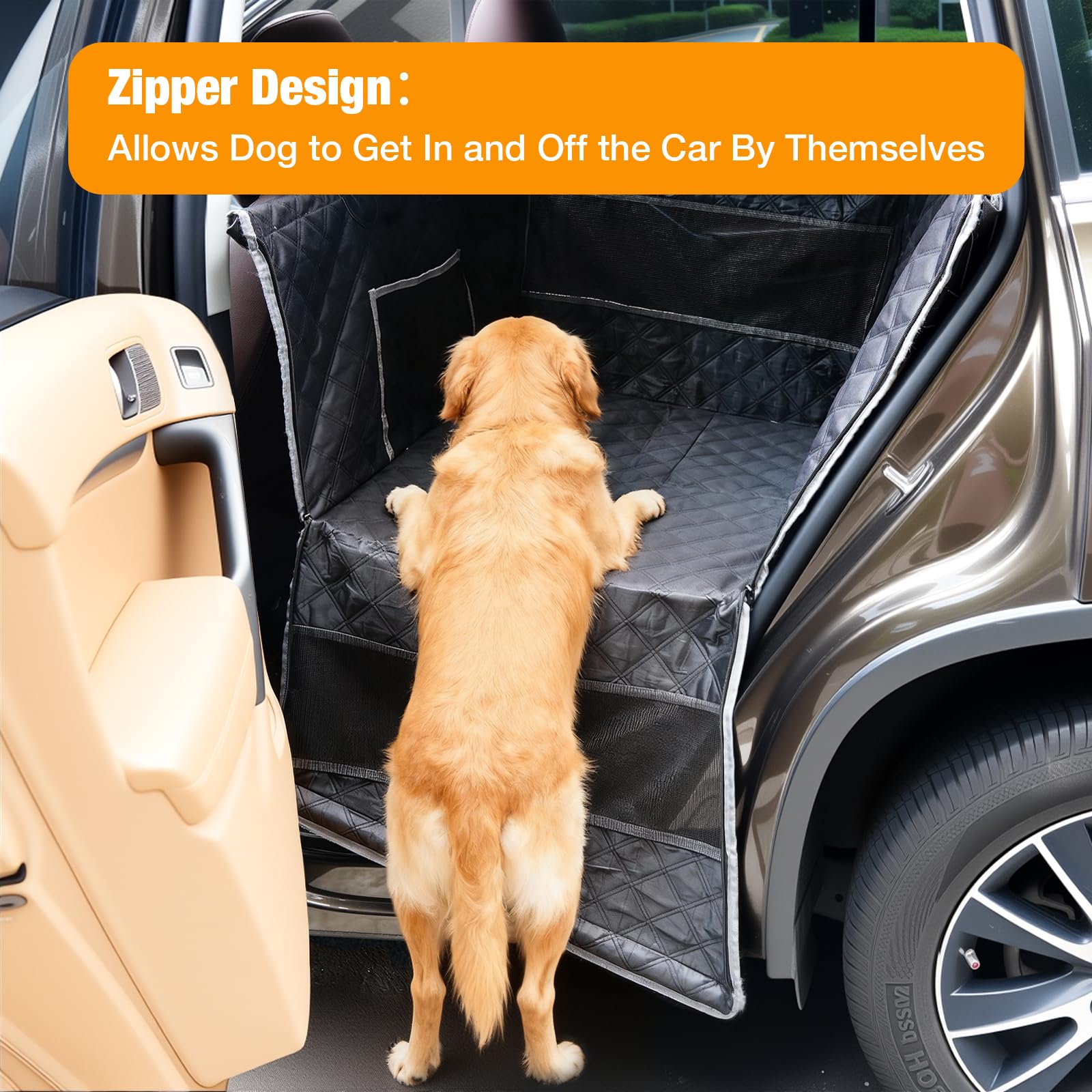 Tranquitas dog car seat scratch-resistant-fabric keeps cars looking clean after adventures.