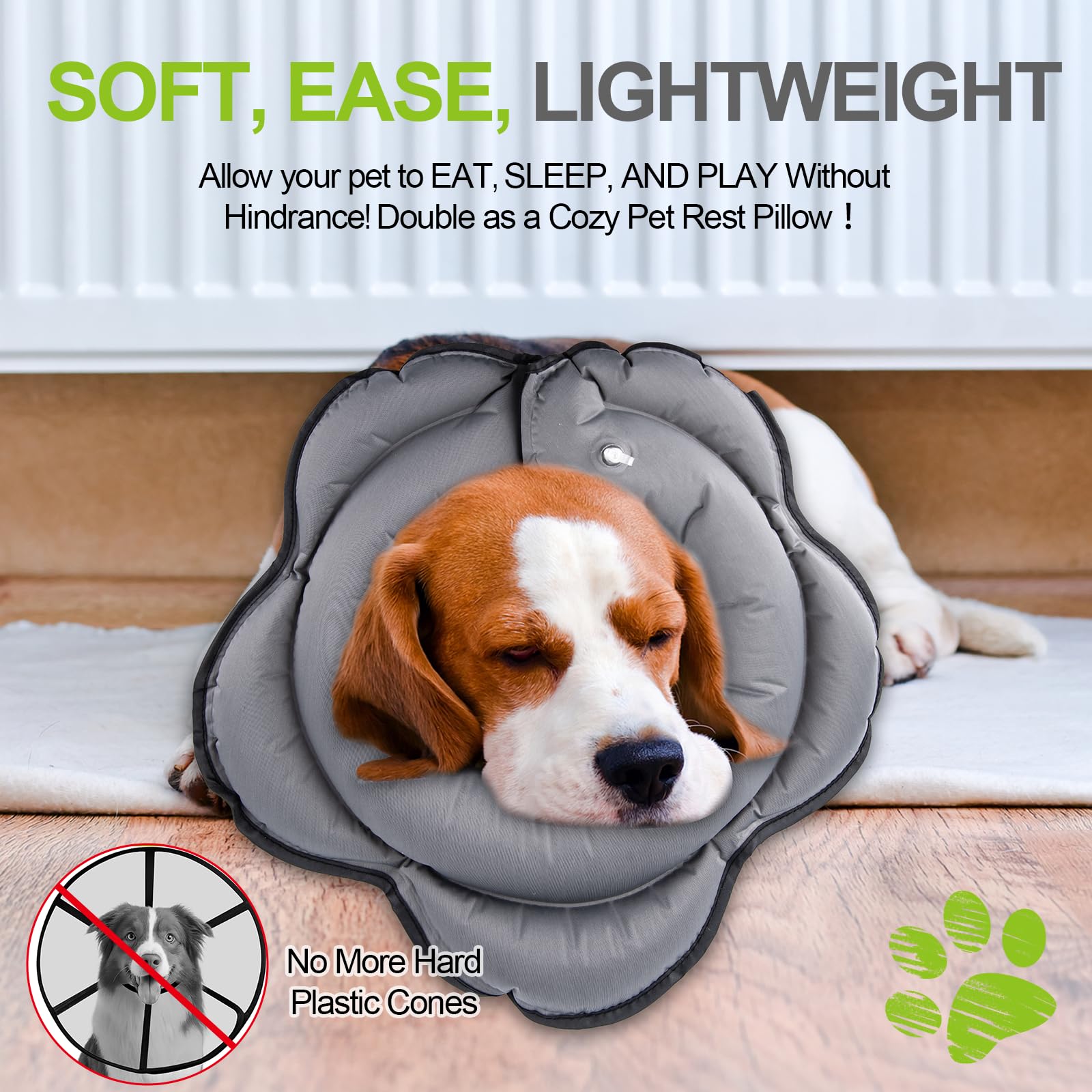 Transni donut collar worn by a dog during a walk, highlighting secure fit with triple security.