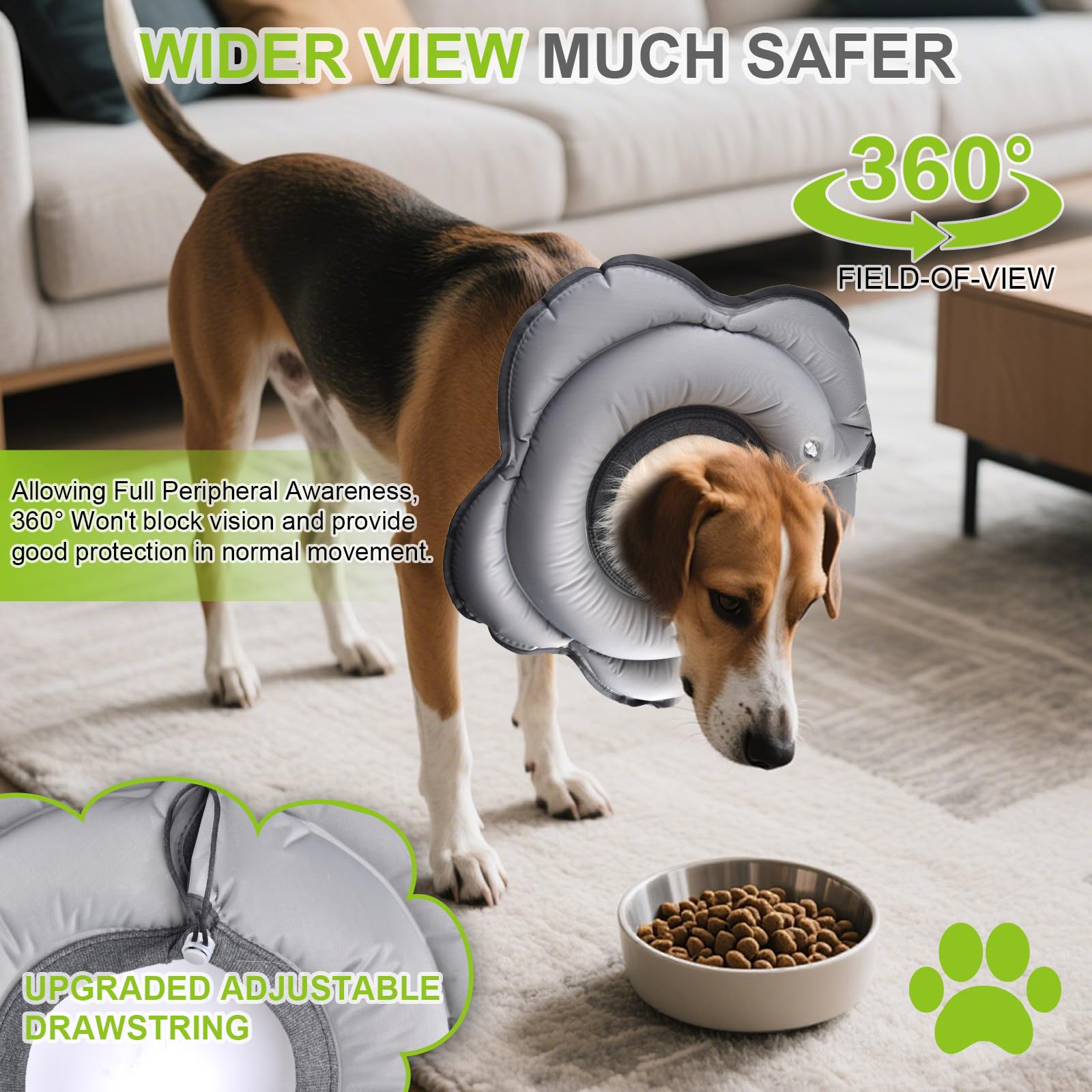Transni donut collar outer fabric shown as easy-to-clean, stain-resistant material.