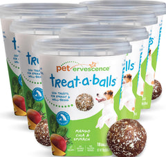 TREAT-A-BALLS bulk dog treats packfront highlights mango-spinach-chia nutrition for all breeds