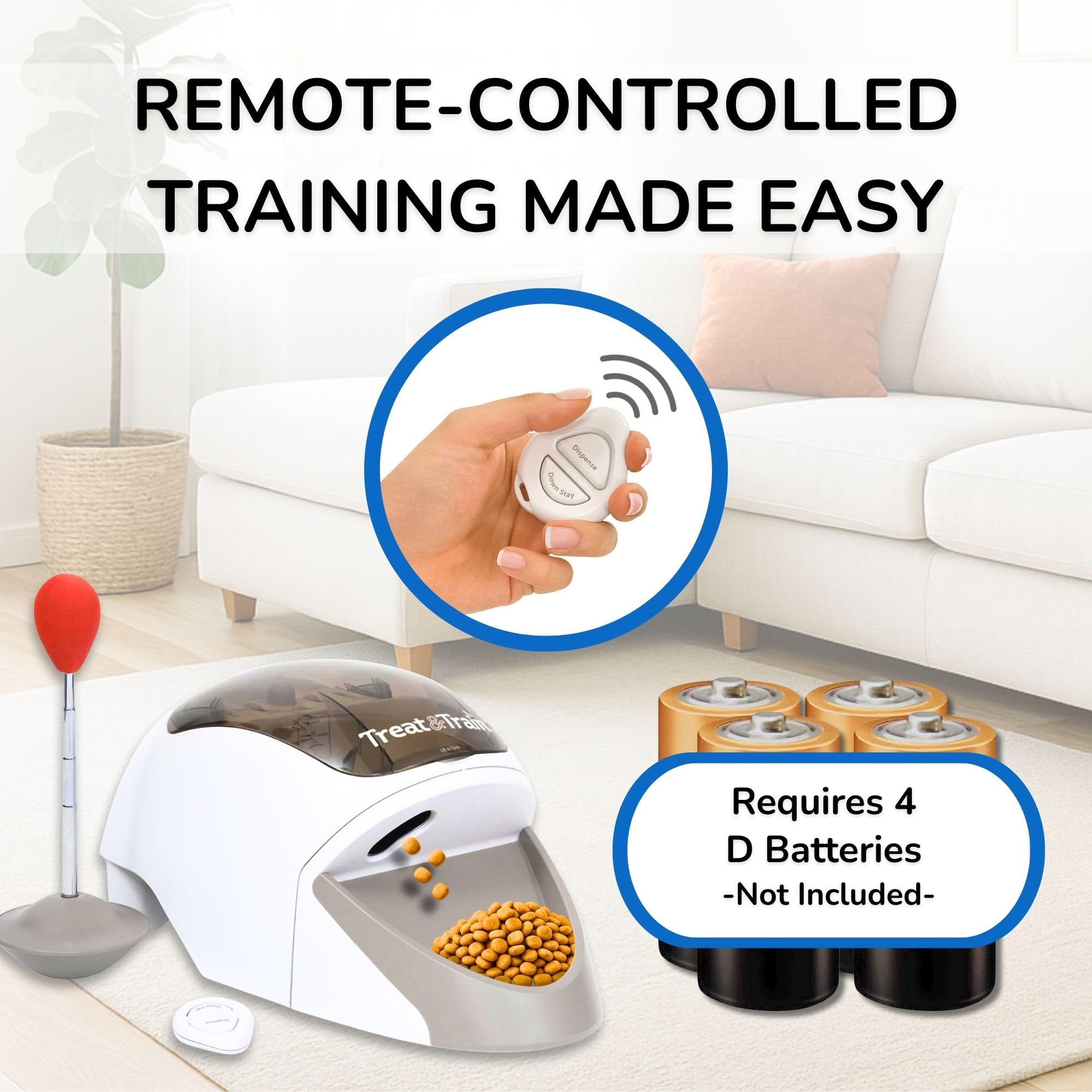 Treat&amp;Train distance-training dog at 100ft benefiting from remote rewards.